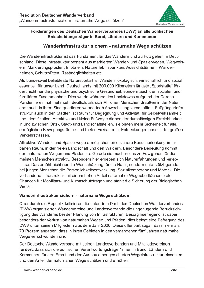 Resolution des Deutschen Wanderverbandes: Wanderwege sichern